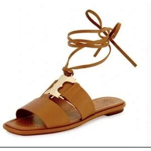 Tory Burch Brown Leather Gemini Link Flat Sandals Size 7.5 KK5